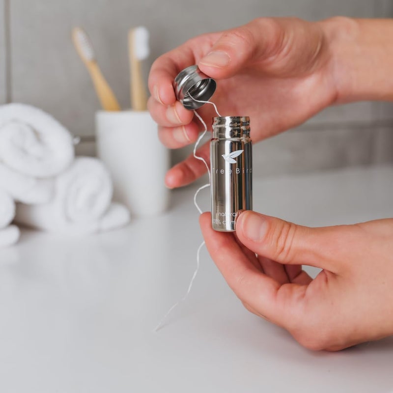 TreeBird Pure Silk Eco Floss Kit - Refillable Floss Dispenser (Stainless Steel) + 3Ã—33 yd Silk Refills | Waxed with Candelilla Wax | Mint - Image 2